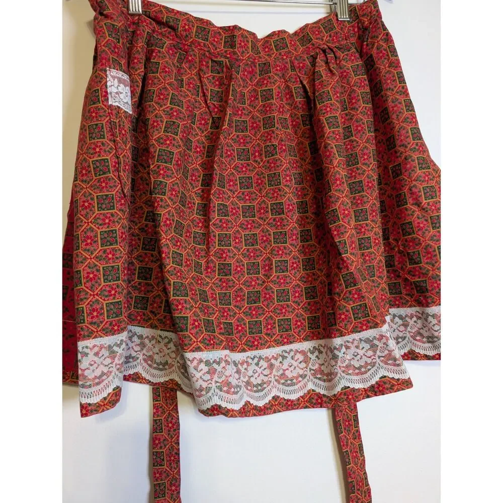 Vintage Handmade Christmas Apron Red Geometric Floral Lace Trim Cottagecore